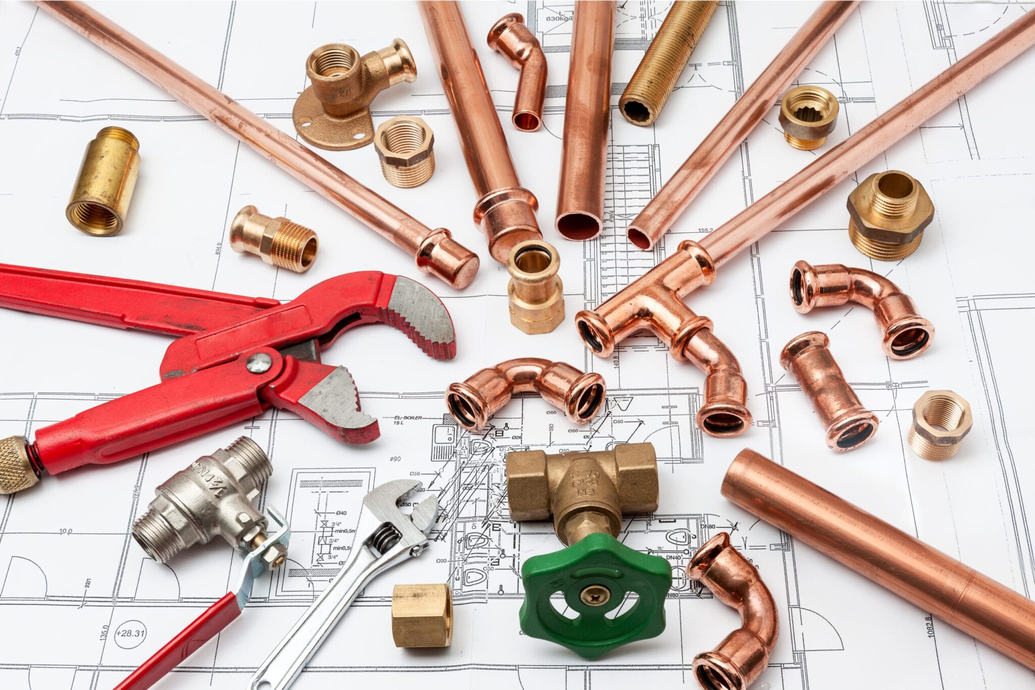 Copper pipes, fittings, valves, and plumbing tools in Cocoa