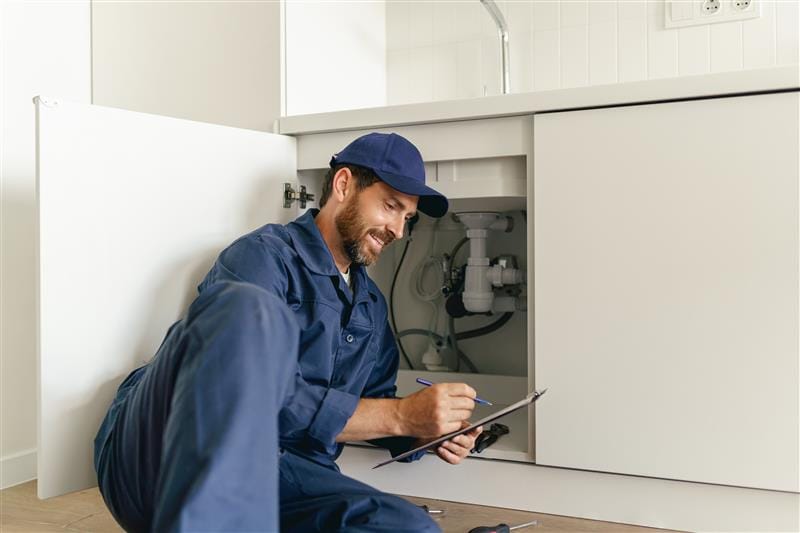 Residential plumber reviewing plumbing repairs in a Cocoa kitchen