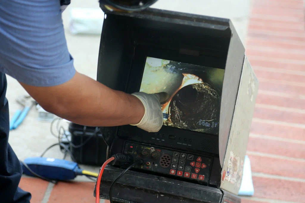 Technician viewing a drain inspection camera in Cocoa