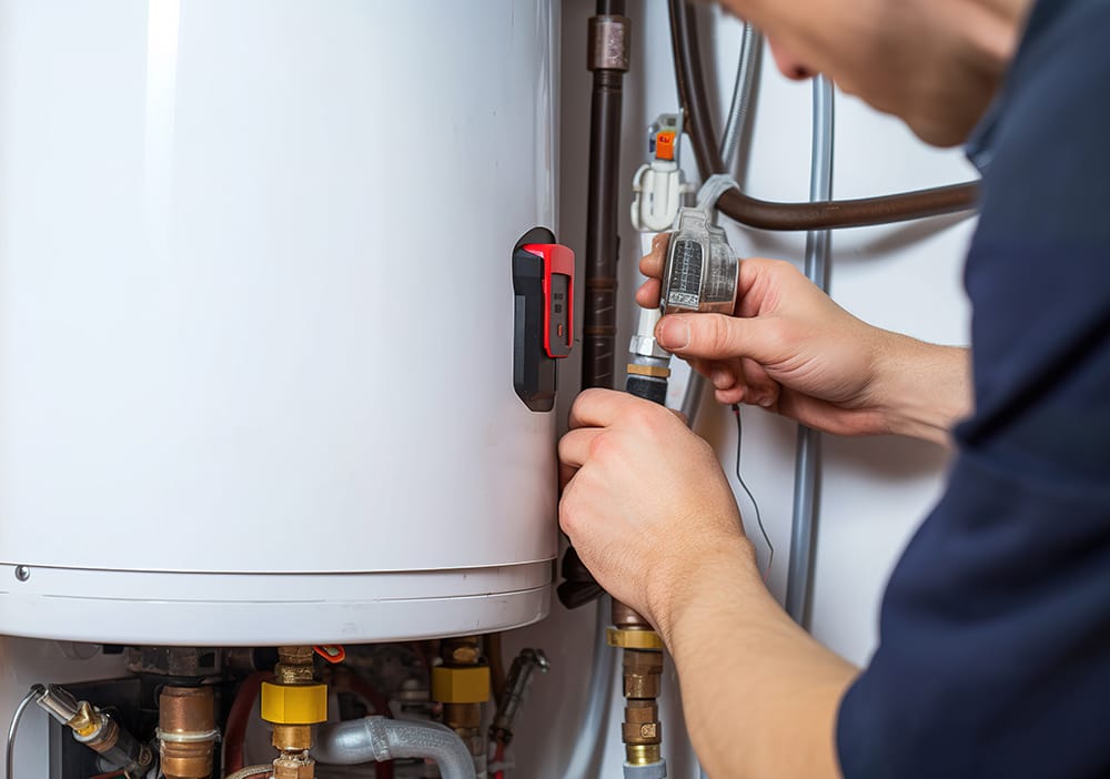 Technician repairing pipes connected to a water heater in Cocoa